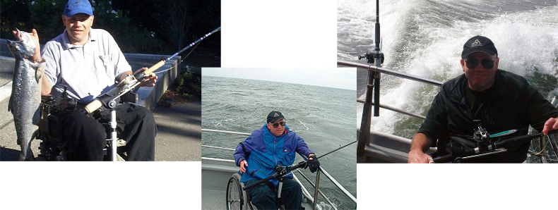 Collage of 3 photos showing Gerry Price out testing the product both from on shore and in a Ocean Vessel.
